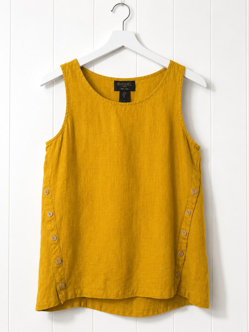 Rachel Roy Womens Small Mustard 100% Linen Sleeveless Tank Top Side Button